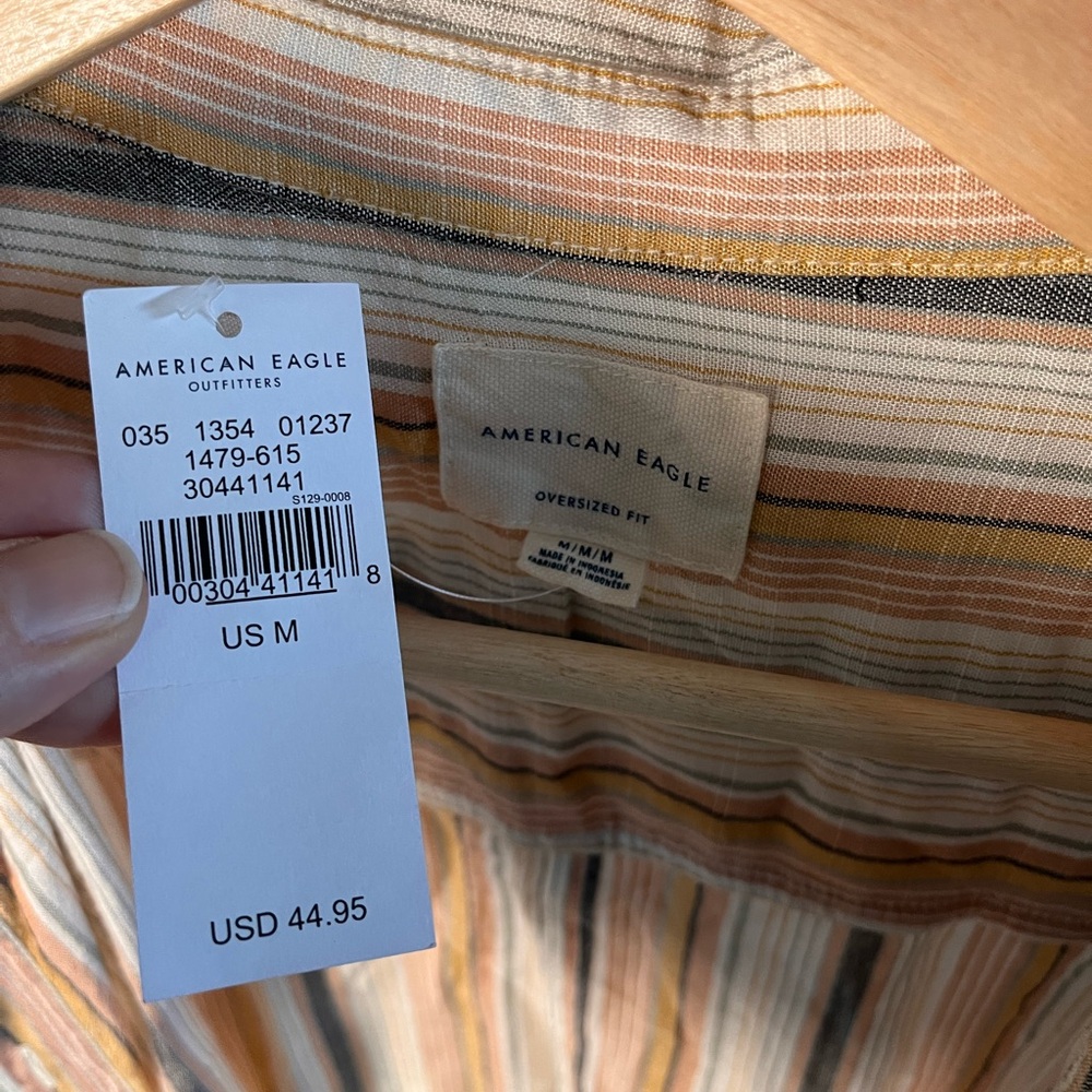 American Eagle Outfitters Men's Striped Button Down‎ Shirt - Cream, Tan, Brown - Picture 4 of 8